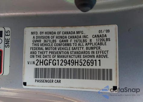 2009 Honda Civic Ex-L из США, поврежденный, VIN 2HGFG12949H526911